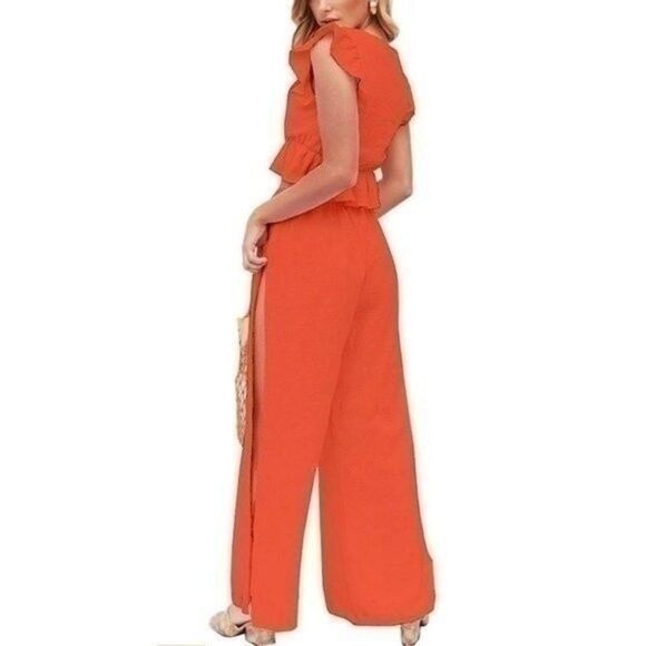 Boho Deep V Neck Orange Crop Top Side Slit Drawstring Pants Set Size XL 4 0039 - Picture 6 of 6